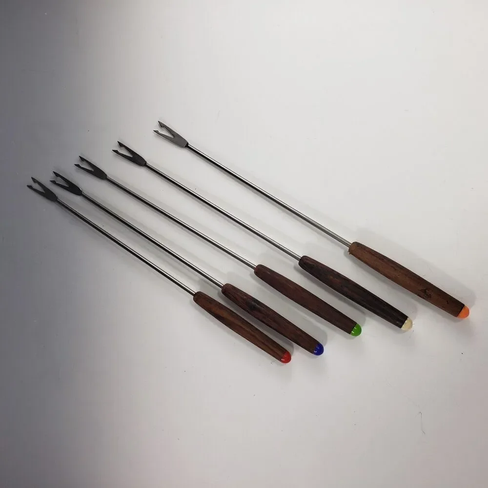 Fondue Long Fork Set Wood Teak Handle Color Insert MCM Set 5 Haddon House Japan